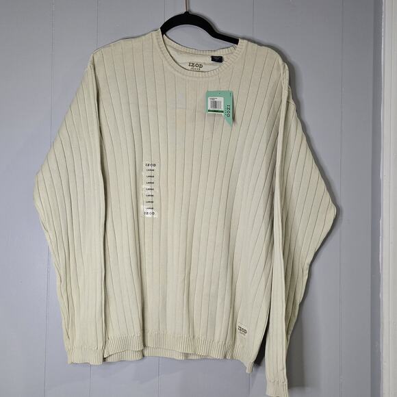 NWT IZOD Jeans Men Large Ivory Ribbed Knit Crew Neck Cotton Sweater Neutral - Picture 1 of 6